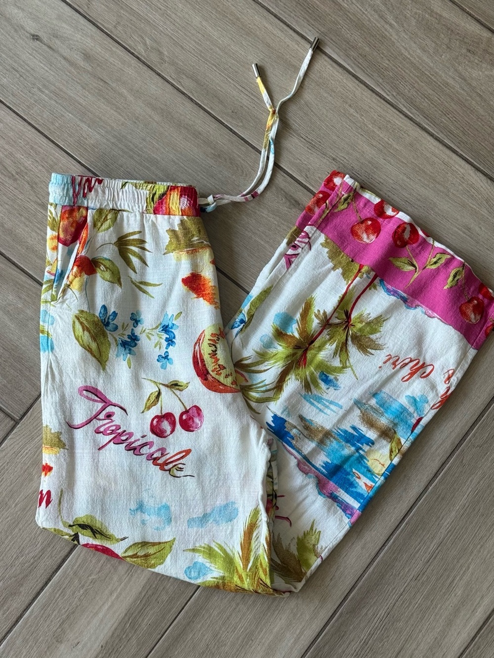 Tropical Print Drawstring Lounge Pants - White with Pink & Green Accents- M